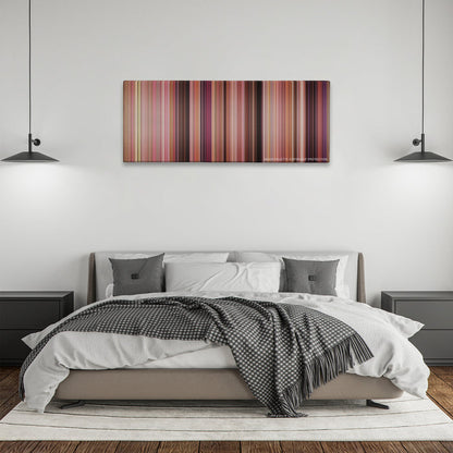 Mean Girls color palette canvas above a bed, between two black pendant lamps