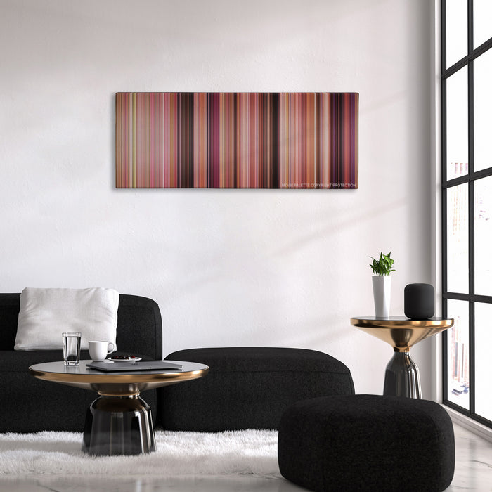 Mean Girls color palette canvas above a black sofa with a gold-topped table