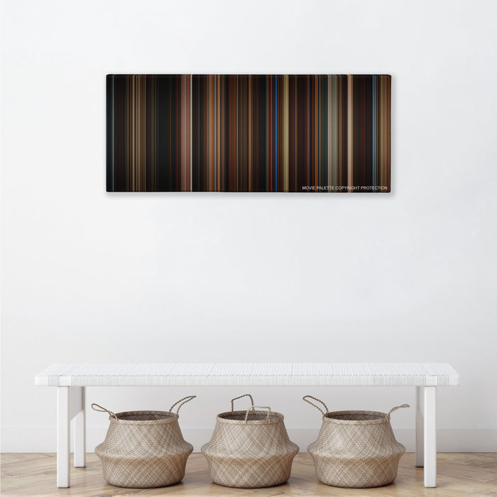 Memoirs of a Geisha color palette canvas above a white bench with three woven baskets