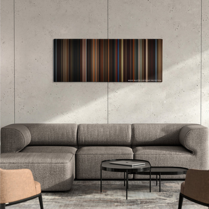 Memoirs of a Geisha color palette canvas on a concrete wall above a gray sectional sofa