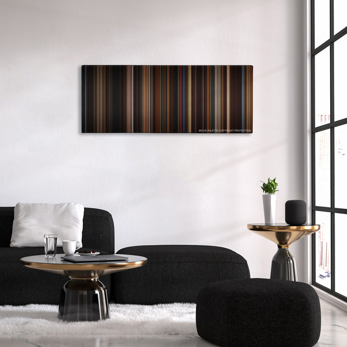 Memoirs of a Geisha color palette canvas above a black sofa with a gold-topped table