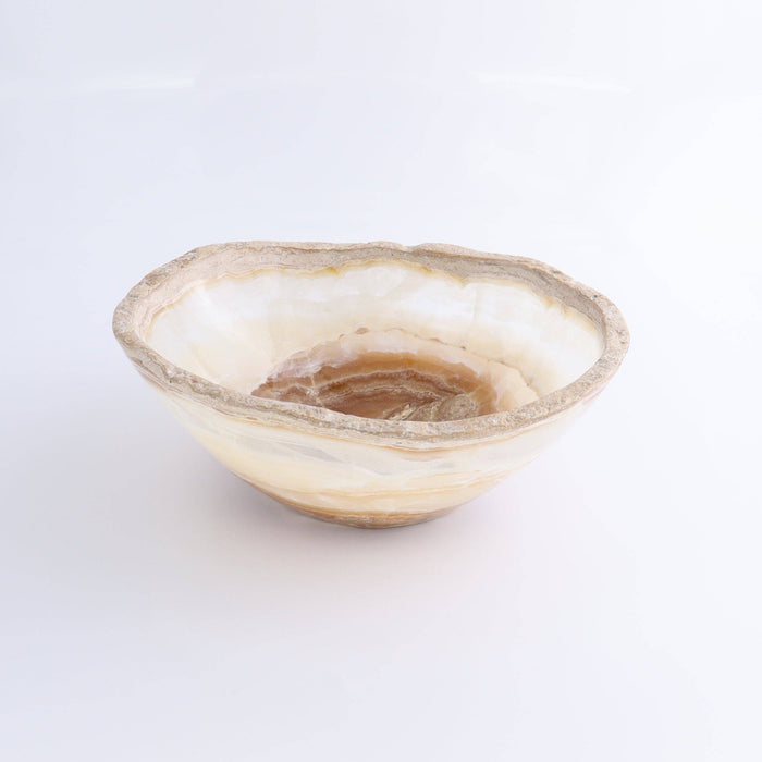 Mexican Onyx/Calcite Bowl 10" with warm amber banding and irregular organic rim, perfect for decor or storage.