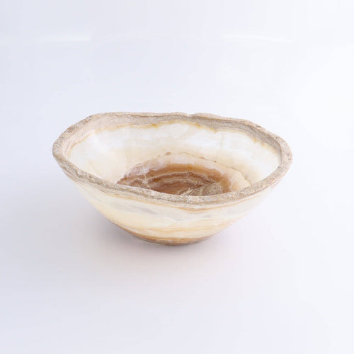Mexican Onyx/Calcite Bowl 10" with warm amber banding and irregular organic rim, perfect for decor or storage.