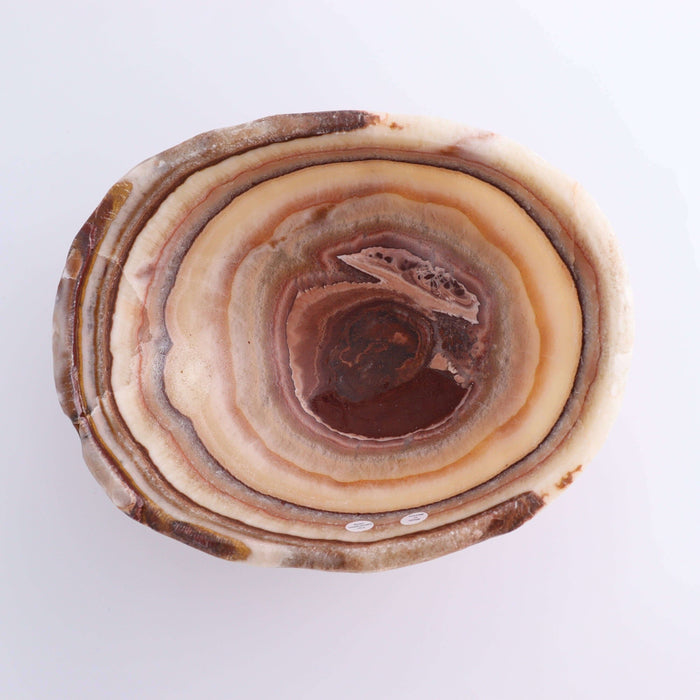 Mexican Onyx/Calcite Bowl 10" with natural amber and honey-toned banding, unique hand-carved design.