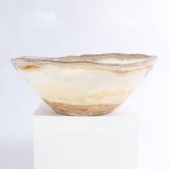 Mexican Onyx/Calcite Bowl 10" featuring warm amber and honey tones hand-carved with an organic rim.