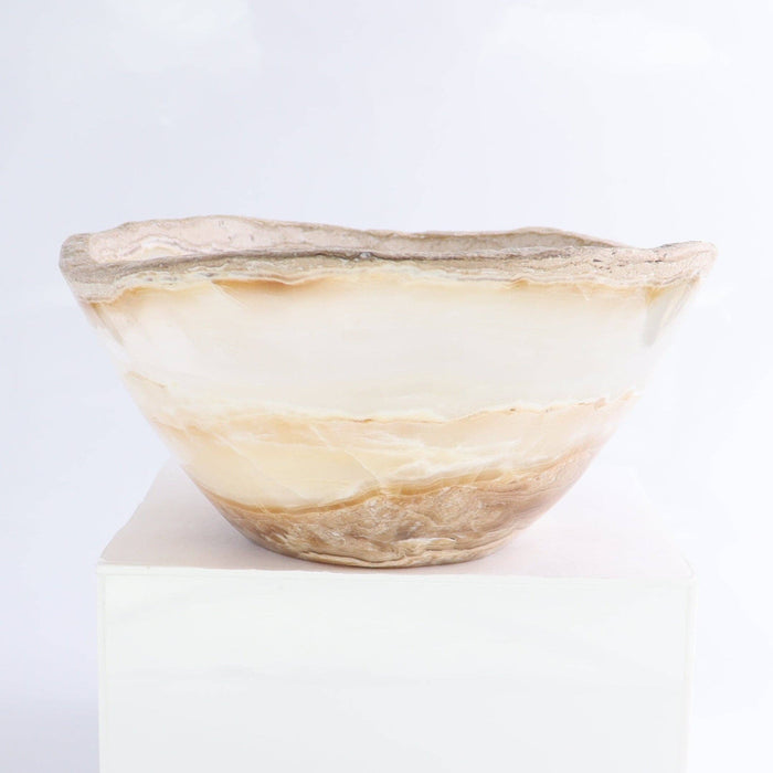 Mexican Onyx/Calcite Bowl 10" with unique amber and honey-toned banding, hand-carved from genuine stone.