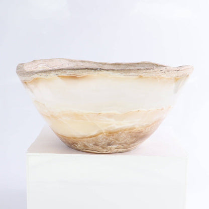 Mexican Onyx/Calcite Bowl 10" with unique amber and honey-toned banding, hand-carved from genuine stone.