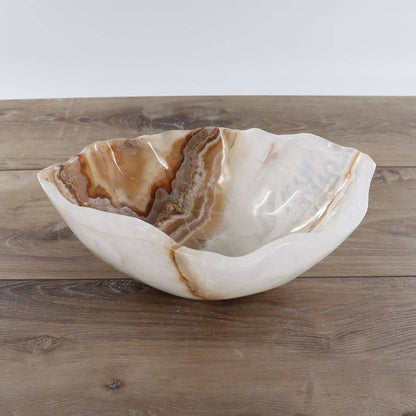 Mexican Onyx/Calcite Bowl 12" featuring rich amber and honey-toned banding, hand-carved and unique.