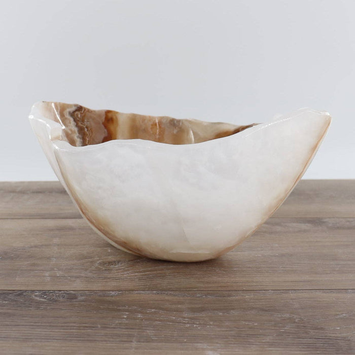 Mexican Onyx/Calcite Bowl 12" with unique amber and honey-toned banding, hand-carved from genuine stone.