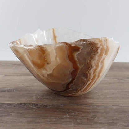 Mexican Onyx/Calcite Bowl 12" in warm amber hues with organic rim and unique banding