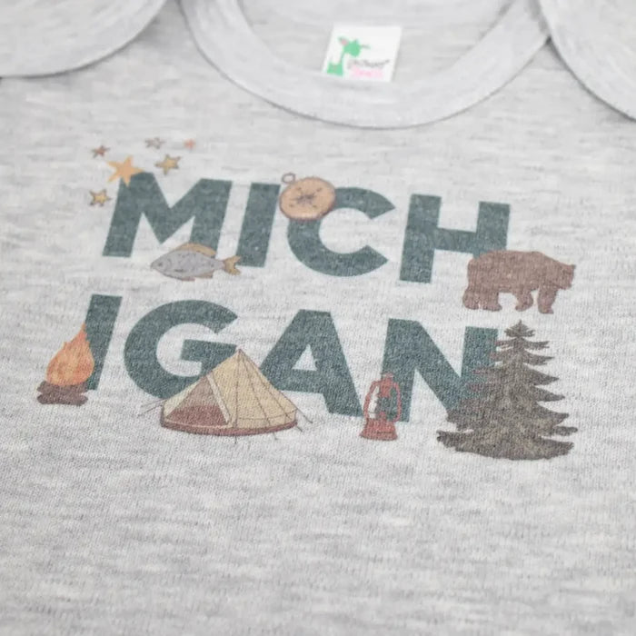 Michigan Camping Emblems Baby Onesie Heather Gray