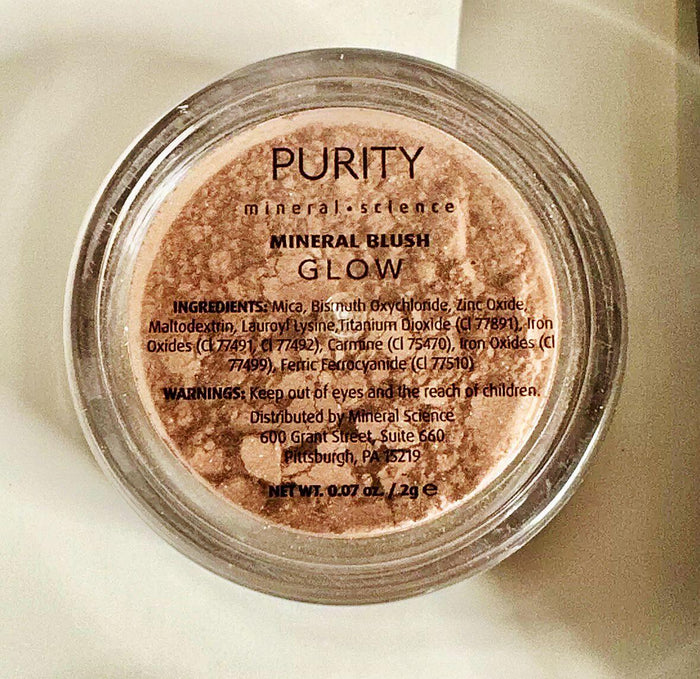 Purity mineral science mineral blush glow with ingredients and product details on lid