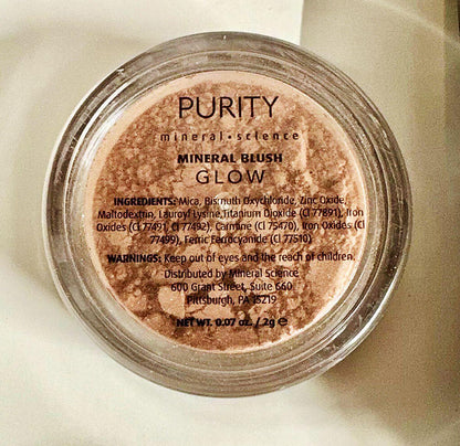 Purity mineral science mineral blush glow with ingredients and product details on lid