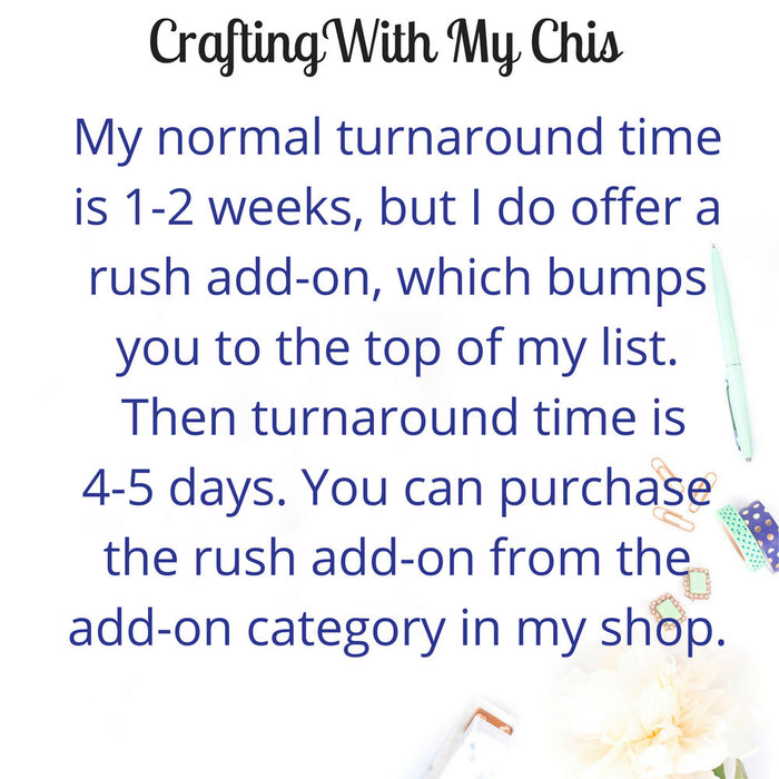 Normal turnaround 1-2 weeks. Rush option available.