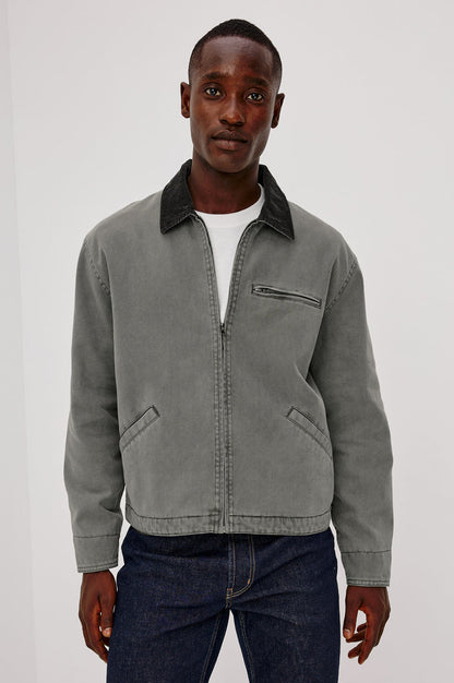 Morro Workwear Utility Jacket in Heavy Cotton Canvas Duck With Corduroy Collar, Chest Zip Pocket, Side Welt Pockets, and Custom Dobby Lining in Graphite Colorway - Upper Body Front View Featured on Model