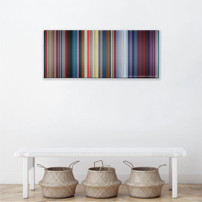 Mulan color palette canvas above a white bench with three woven baskets