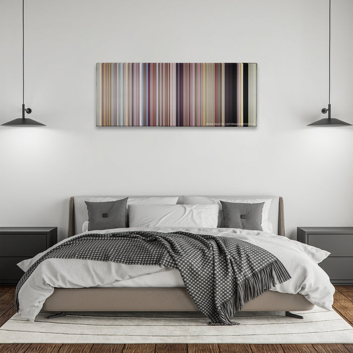 Napoleon Dynamite color palette canvas above a bed, between two black pendant lamps