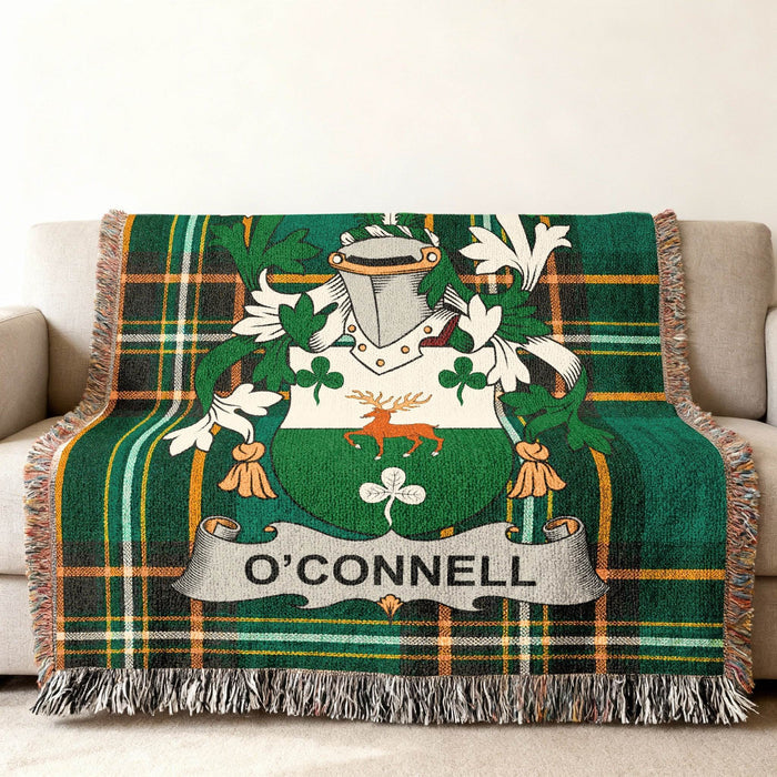O'Connell crest woven into an Irish National Tartan cotton throw.