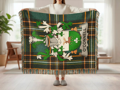 Detail of the O'Connell crest woven through the tartan cloth.