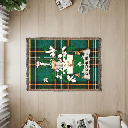 O'Connell woven blanket opened to show the full tartan design.
