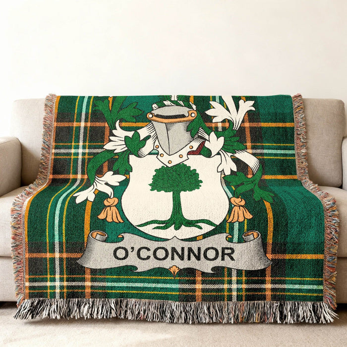 O'Connor crest woven into an Irish National Tartan throw.