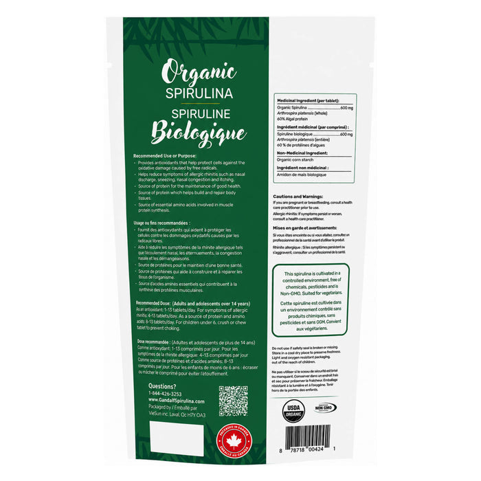 Back of Gandalf Organic Spirulina™ 600mg 150 Tablets