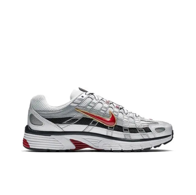 Nike P-6000 Premium sneakers side view, white/gray upper with red swoosh