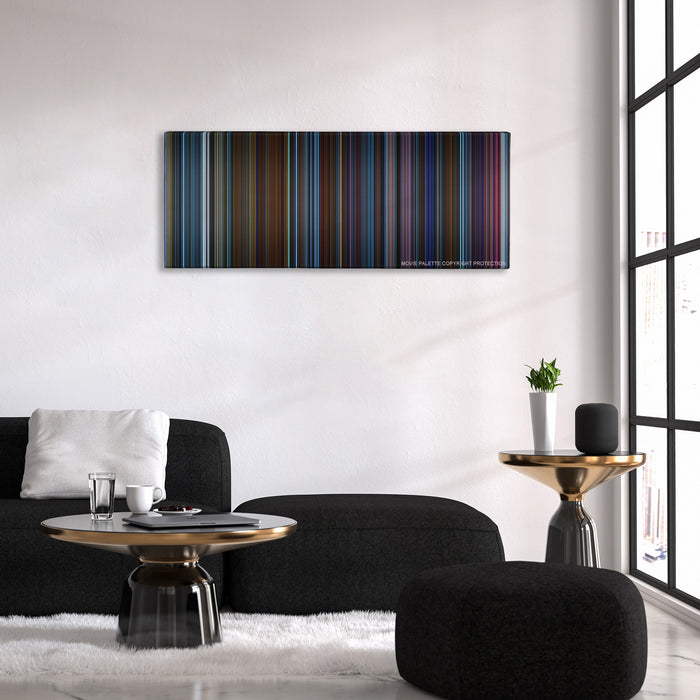 Pacific Rim color palette canvas above a black sofa with a gold-topped table