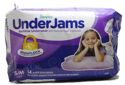 Pampers UnderJams girls' bedtime underwear S/M, leak protection, purple packaging, 14 count