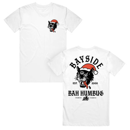 White t-shirt with a graphic of a cat wearing a Santa hat and text on the front and back.