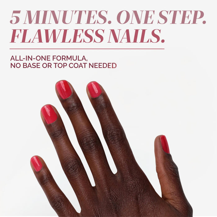 A hand with neatly manicured, pink nails and text highlighting LONDONTOWN's Perfecting Nail Veil #8—a powerful, five-minute, one-step polish that needs no base or top coat.