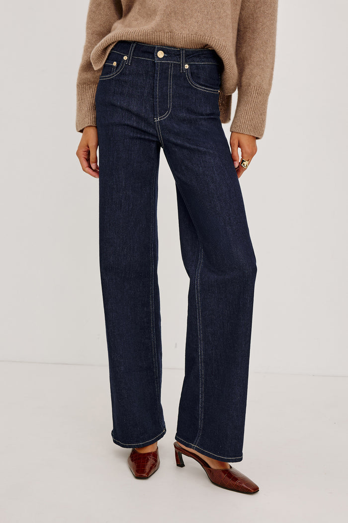 Getty Petite Wide Leg Jean in Light Comfort-Stretch Denim With High-Rise, 5-Pockets, and Zipper Fly in After Hours Colorway - Lower Body Front View Featured on Model