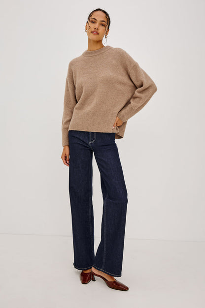 Getty Petite Wide Leg Jean in Light Comfort-Stretch Denim With High-Rise, 5-Pockets, and Zipper Fly in After Hours Colorway - Full Body Front View Featured on Model