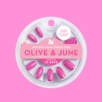 Pink Chrome Outline - Press-On | Medium | Almond glossy pink false nails with chrome edges for a quick, easy at-home manicure