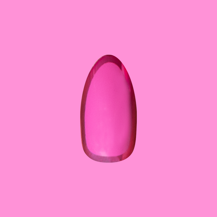 Pink Chrome Outline - Press-On | Medium | Almond shaped nail with glossy pink polish and subtle chrome border for at-home mani.