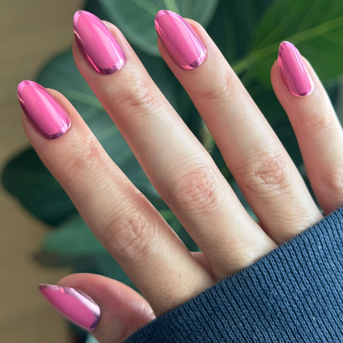 Pink Chrome Outline - Press-On | Medium | Almond shaped nails with glossy pink polish and subtle chrome trim for an easy at-home mani