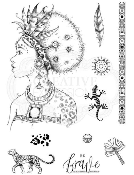Pink Ink Designs - A5 Clear Stamp Set - African Queen. From the Women of the World series this is a beautifully hand drawn image that is an enchanting, hand drawn, woman captures the beauty of the African Continent. This beauty will lure you to the craft-room again and again. She comes with additional elements for you to add to your projects. Available at Embellish Away located in Bowmanville Ontario Canada.