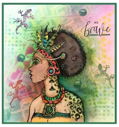 Pink Ink Designs - A5 Clear Stamp Set - African Queen. From the Women of the World series this is a beautifully hand drawn image that is an enchanting, hand drawn, woman captures the beauty of the African Continent. This beauty will lure you to the craft-room again and again. She comes with additional elements for you to add to your projects. Available at Embellish Away located in Bowmanville Ontario Canada. Card example designed by Sharon Thacker.