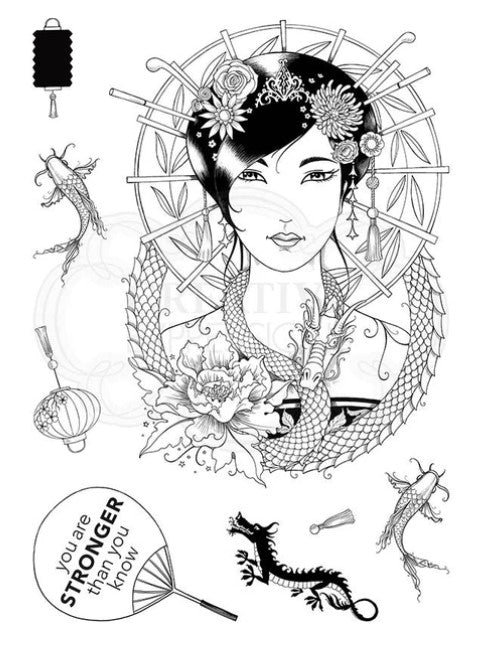 Pink Ink Designs - A5 Clear Stamp Set - Oriental Princess. From the Women of the World series this is a beautifully hand drawn image that is a fabulous princess in celebration of oriental women and culture. This stamp set will lure you to the craft-room again and again. She comes with additional elements for you to add to your projects. Available at Embellish Away located in Bowmanville Ontario Canada.