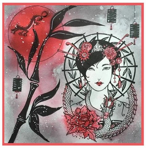 Pink Ink Designs - A5 Clear Stamp Set - Oriental Princess. From the Women of the World series this is a beautifully hand drawn image that is a fabulous princess in celebration of oriental women and culture. This stamp set will lure you to the craft-room again and again. She comes with additional elements for you to add to your projects. Available at Embellish Away located in Bowmanville Ontario Canada. Card example designed by Susan Foote.