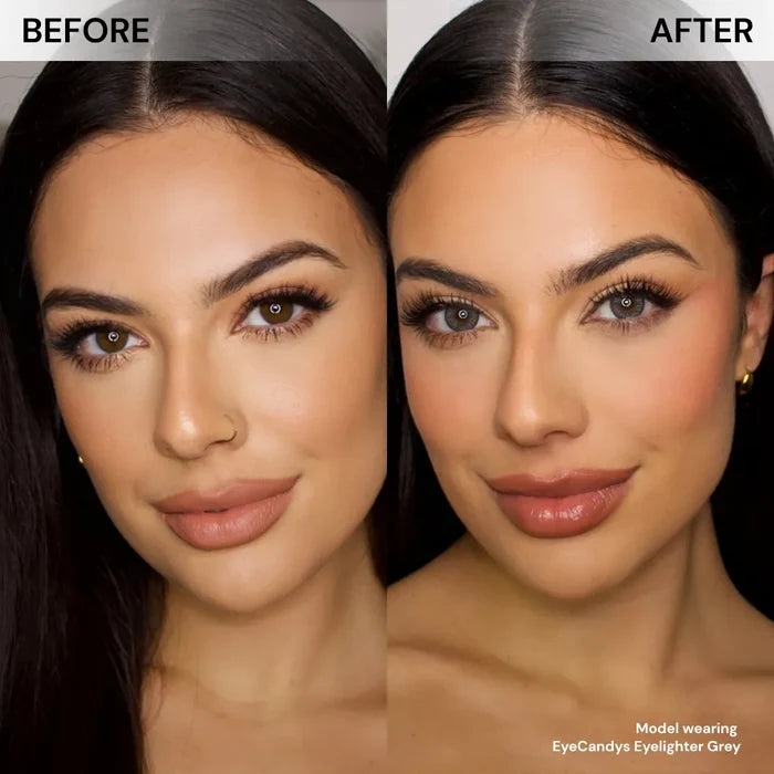 Before and after of model’s face wearing EyeCandys Eyelighter Grey prescription colored contact lenses, showing soft and natural grey eye transformation with a luminous highlight effect