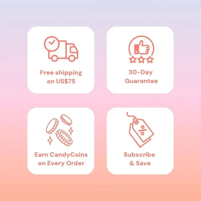 Four icons with text: Free shipping on US$75, 30-Day Guarantee, Earn CandyCoins on Every Order, Subscribe & Save. A pink and purple gradient background showcases EyeCandys Pink Label Vintage Grey contacts for a cute, effortless style.