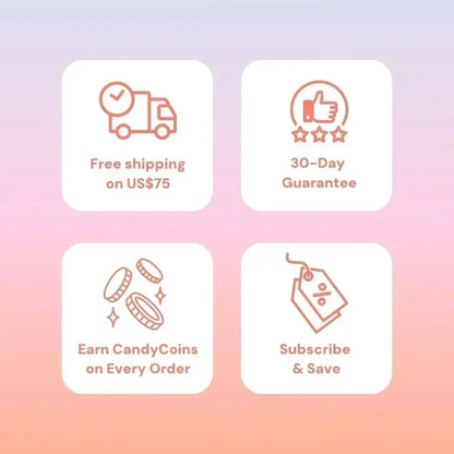 Infographic for EyeCandys Pink Label Big Ring Brown: delivery truck ("Free shipping on US$75"), thumbs-up ("30-Day Guarantee"), coins ("Earn CandyCoins on Every Order"), price tag ("Subscribe & Save")—perfect eye enlarging contacts.