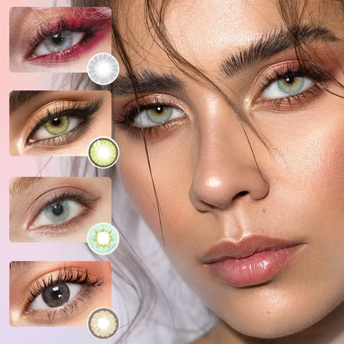 Collage of various color contact lenses in green, aqua, brown and grey, showing the transformative effect over dark irises. On the right is a model wearing the Dewy Aqua Blue looking color contact lens, showing the natural eye-lightening effect on her dark irises.