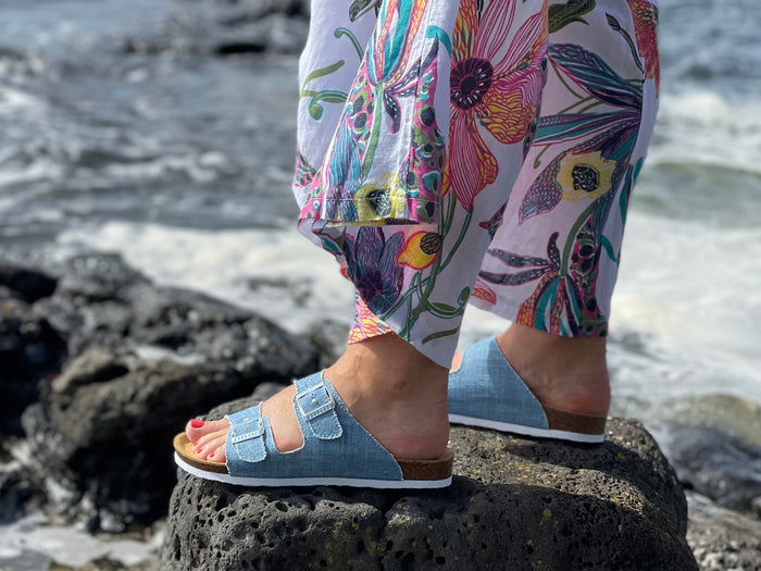 European made women's sandals. comfortable contoured cork footbed slide sandals. Quality leather sandals. In denim.
