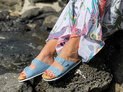 European made women's sandals. comfortable contoured cork footbed slide sandals. Quality leather sandals. In denim.