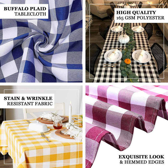 Buffalo plaid tablecloth in various colors, featuring stain and wrinkle-resistant fabric.