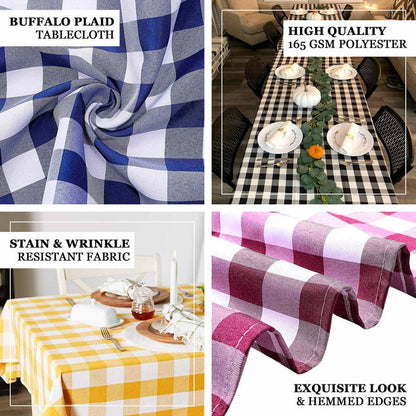 Buffalo plaid tablecloth in various colors, featuring stain and wrinkle-resistant fabric.