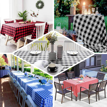 Checkered tablecloths in various colors and settings for stylish dining.