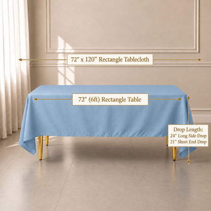 72"x120" Dusty blue wrinkle-resistant rectangle tablecloth for events and dining.